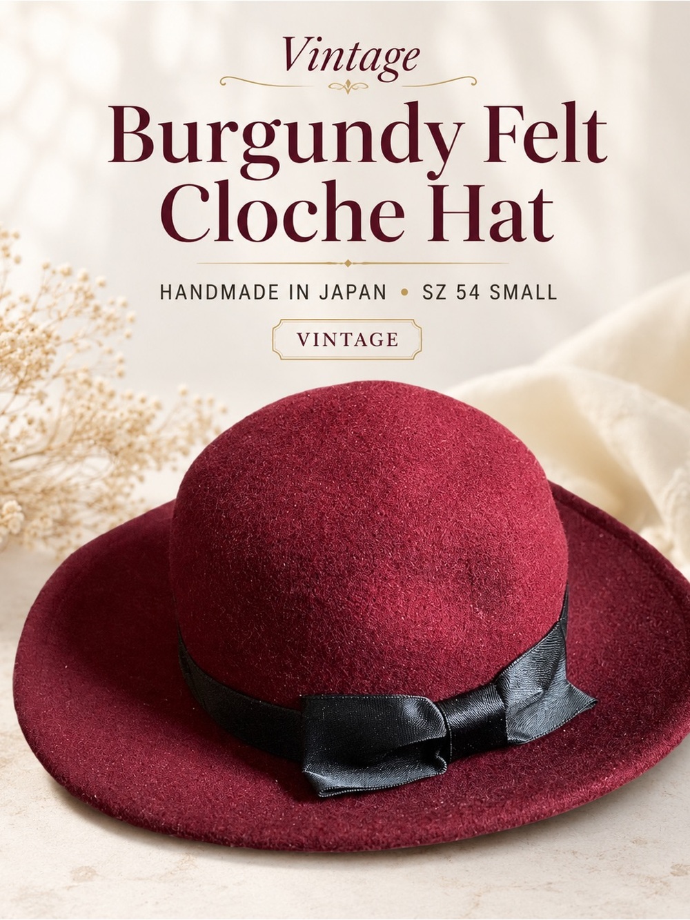 Vintage Burgundy Felt Cloche Hat Bowler Japan Wool Sz 54 Small